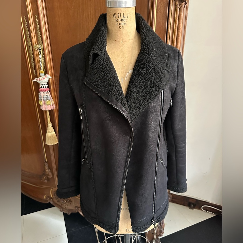 The Kooples Black Faux Shearling Coat Jacket with Zippers Size XS Extra Small
